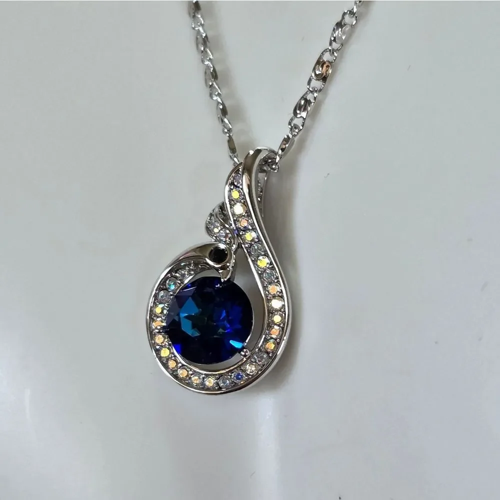 🩵⏭️NIB White Gold Plated Blue Crystal Sapphire Phoenix Pendant Necklace